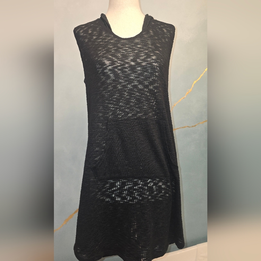 Kona Sol Black Sleeveless Burnout Knit Coverup Tunic Top Dress Hooded Pocket S